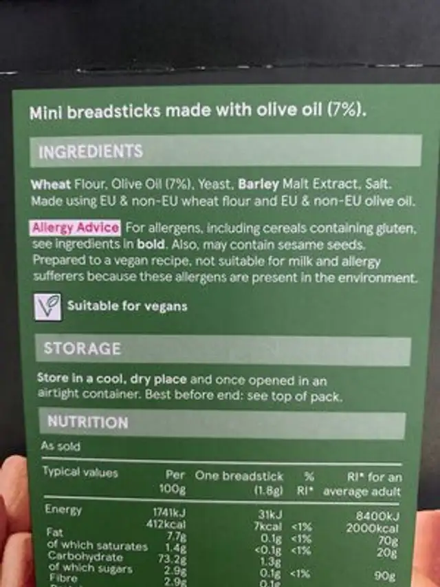Bread Sticks Mini ingredients label