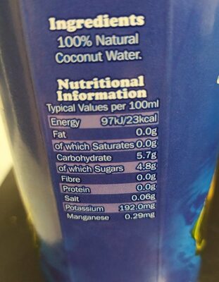 Coconut Water nutrition facts table