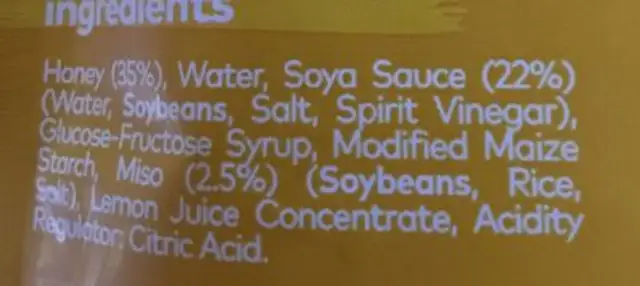 yo! honey soy and miso ingredients label