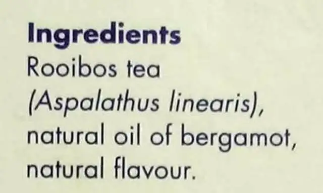 Rooibos Earl Grey Tea ingredients label