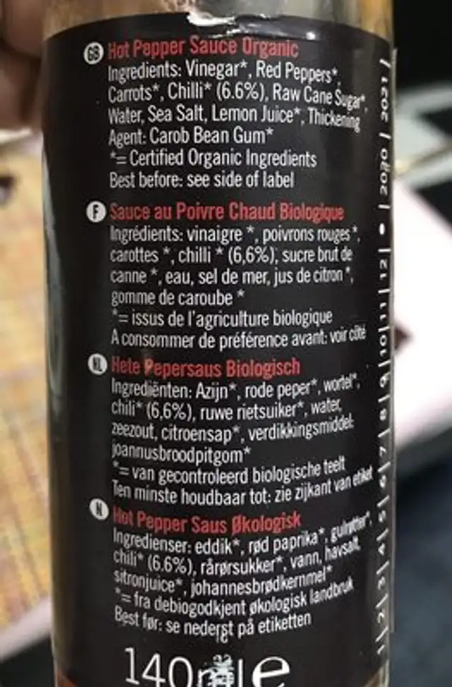 Biona Organic Hot Pepper Sauce imp ingredients label