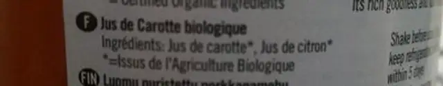 Carrot pressed juice ingredients label