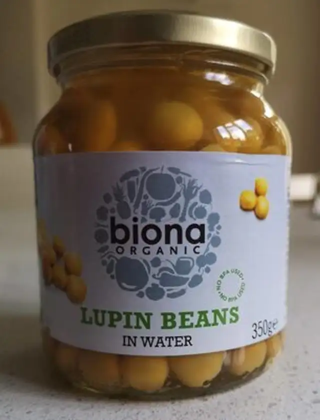 Lupin beans in water front packaging