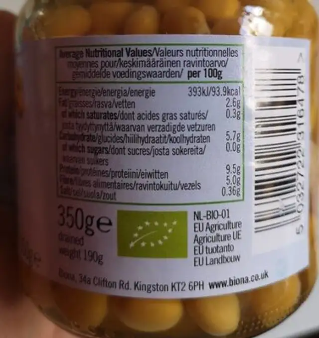 Lupin beans in water nutrition facts table