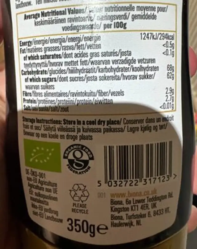 Organic Blackstrap Molasses nutrition facts table