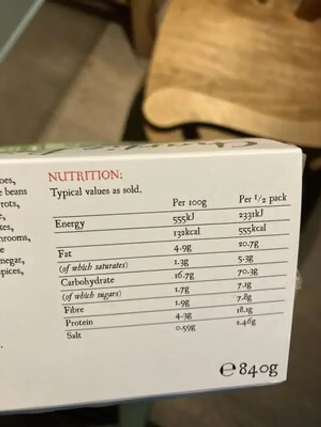 Sweet potato & bean chilli with Mexican Rice nutrition facts table