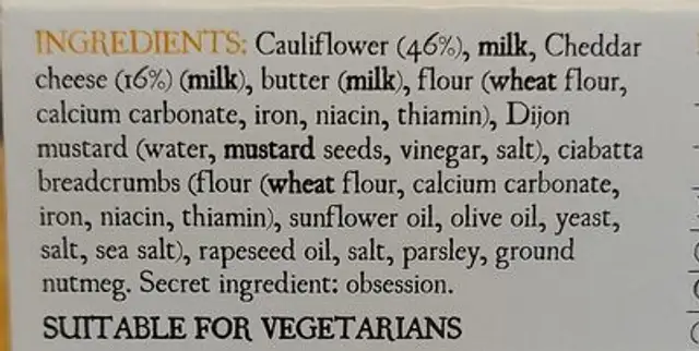 Cauliflower Cheese ingredients label