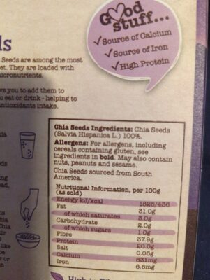 Chia seeds ingredients label