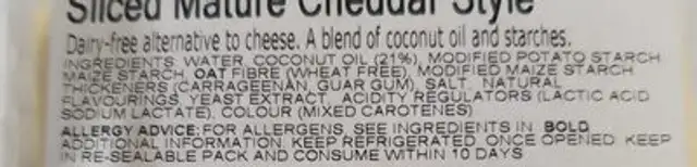 Mature cheddar style slices ingredients label