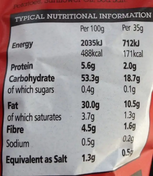 Handcooked Sea Salt potato crisps nutrition facts table