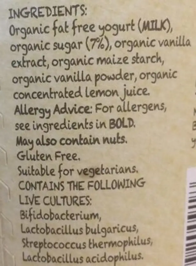 0% Fat Vanilla Yogurt ingredients label