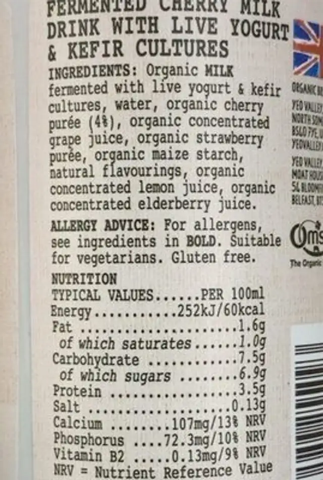Yes valley organic keffir ingredients label