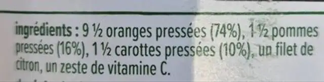 Jus Orange & Carotte ingredients label