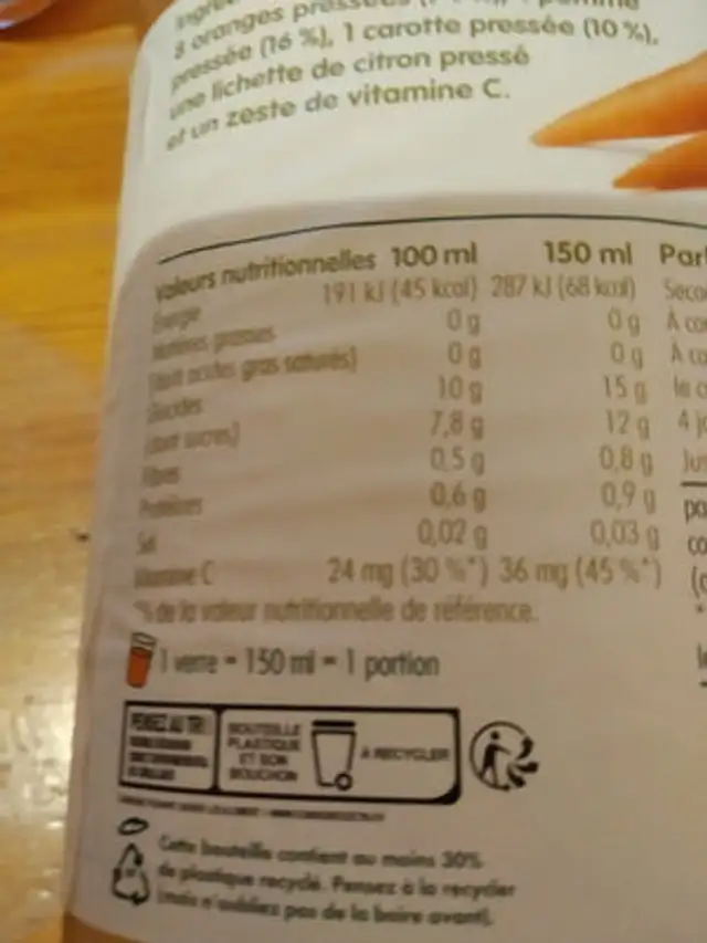 Jus Orange & Carotte nutrition facts table