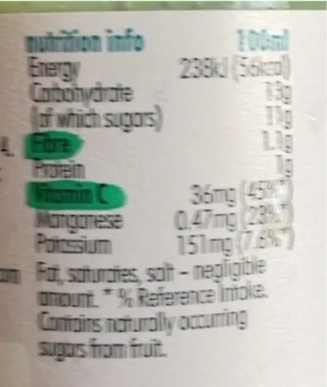 Smoothie nutrition facts table