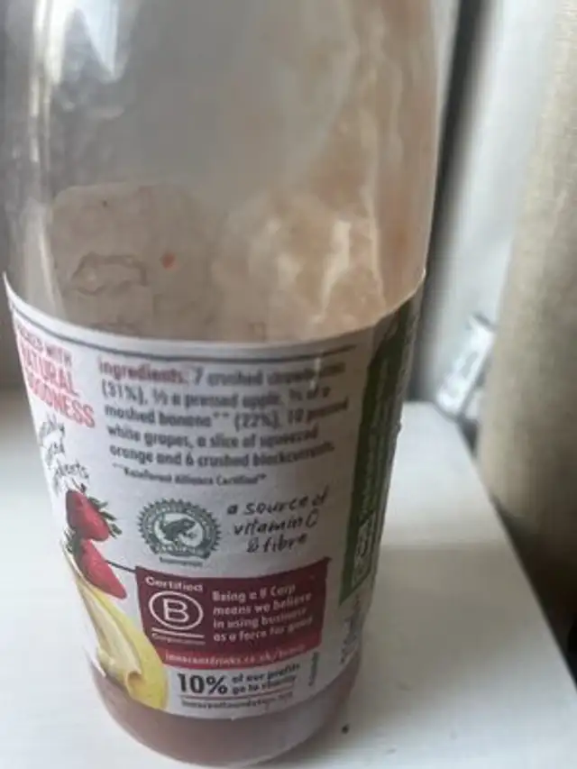 Innocent strawberry and banana smoothie ingredients label