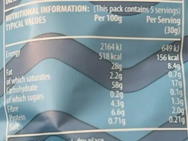 Taylors Ridge Cut Potato Crisps Lightly Sea Salted nutrition facts table