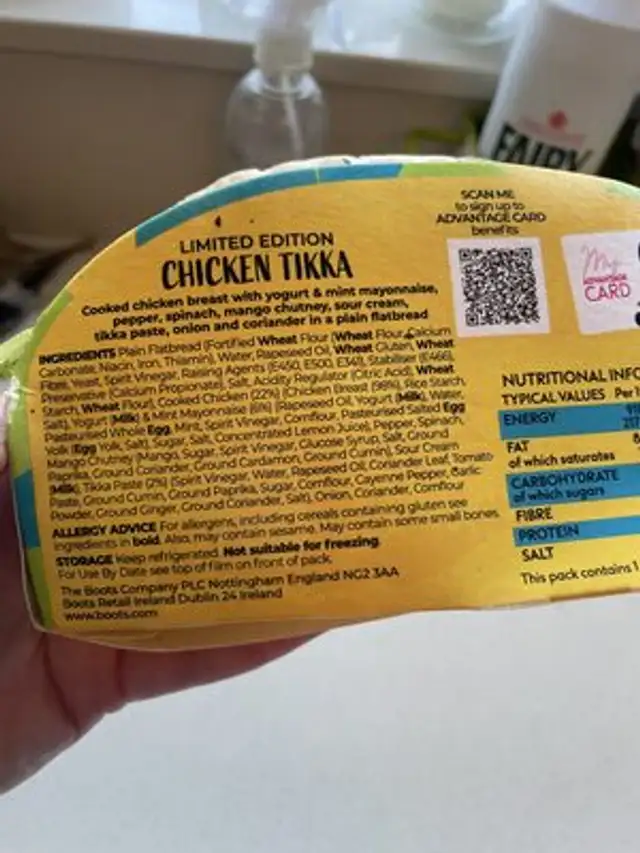 Chicken Tika With Yoghurt & Mint Mayo ingredients label