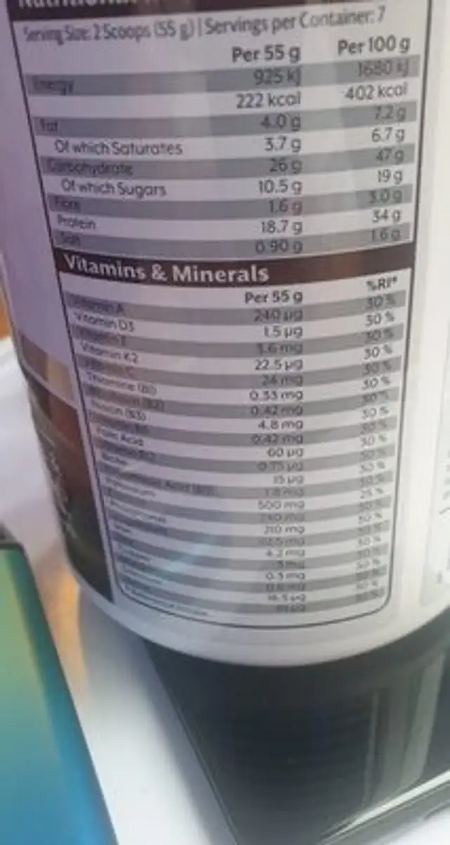 Meal replacement ingredients label