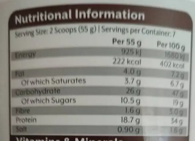 Meal replacement nutrition facts table