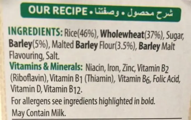 Kelloggs Special K Original ingredients label