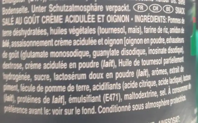 Pringles Xtra Kickin' Sour Cream & Onion ingredients label