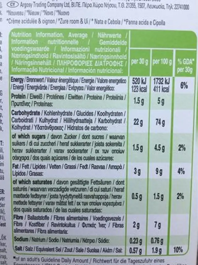 80G Cracker Crisps Cream &onion Special K nutrition facts table
