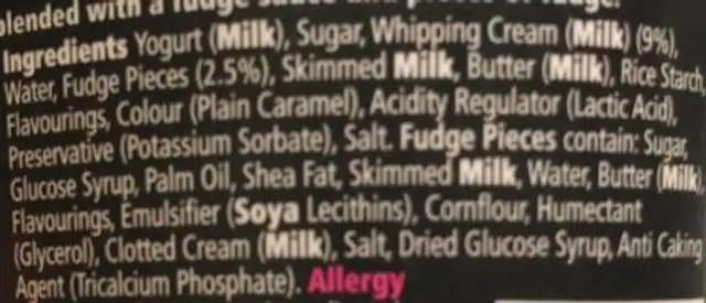 Tesco Finest Devonshire Fudge Yogurt ingredients label