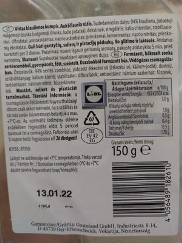 Virtas kiaulienos kumpis / Sertés combsonka ingredients label