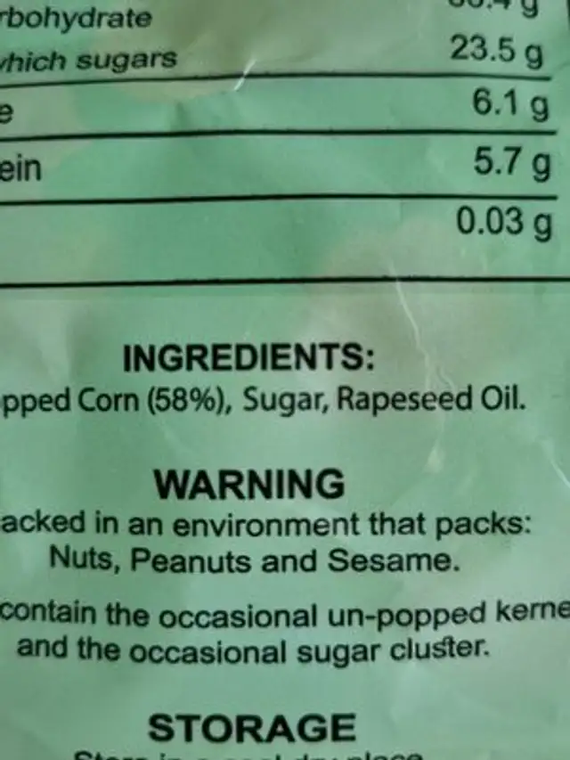 Popcorn Cinema Sweet ingredients label