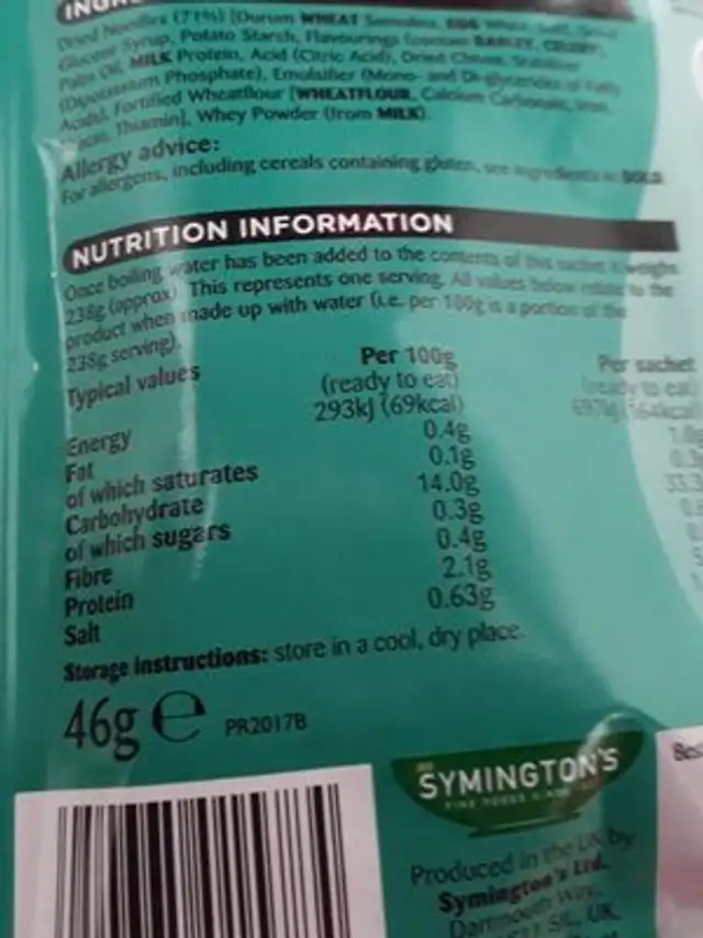 Mug Shot 46G Chicken Noodles nutrition facts table