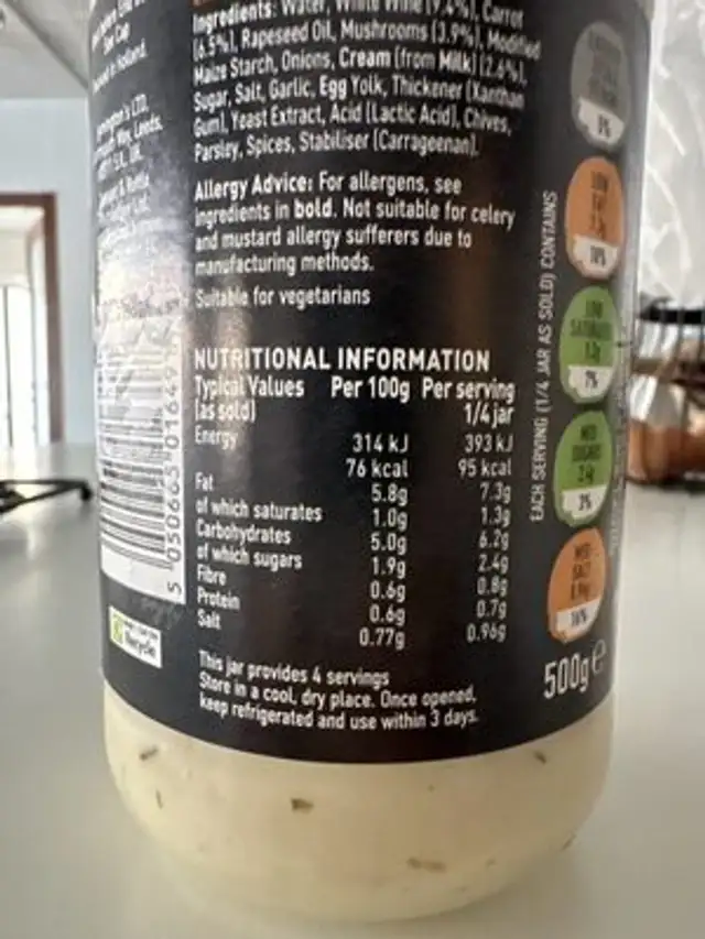 Creamy White Wine nutrition facts table