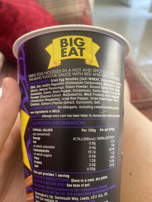 Thai Style Fiery Chicken Panang Egg Noodls ingredients label