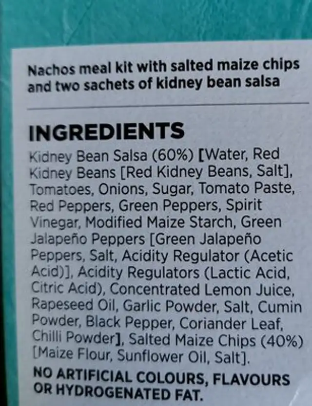 Nachos kit ingredients label