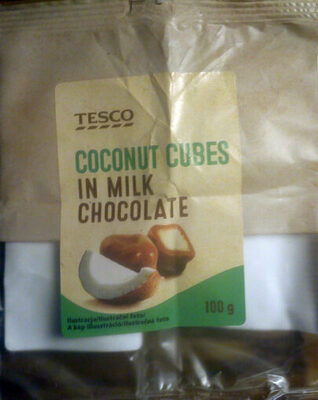 coconut cubes in milk chocolate front packaging