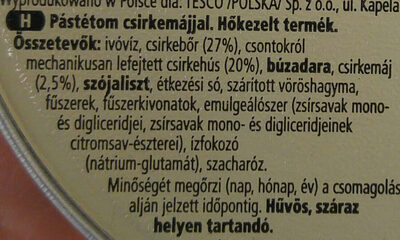 Pástétom csirkemájjal. Hökezelt termék. ingredients label