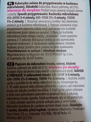 Popcorn salted ingredients label