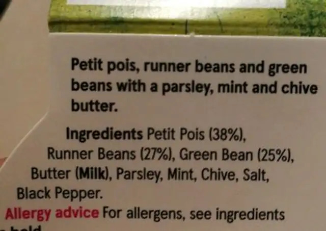 Green vegetables selection ingredients label