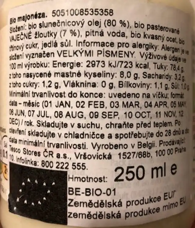 Organic Mayonnaise ingredients label