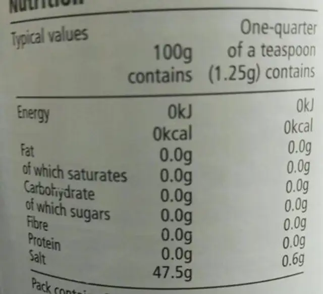 50% Less Sodium Salt nutrition facts table