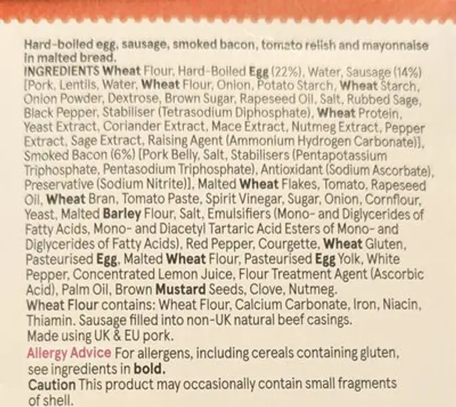 Sausage bacon and egg sandwich ingredients label