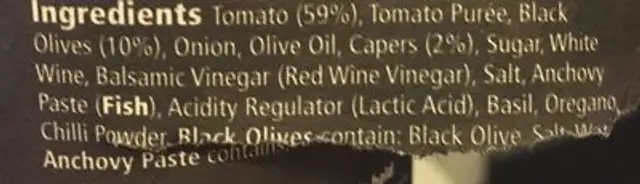 Tesco Finest Puttanesca Sauce 340G ingredients label