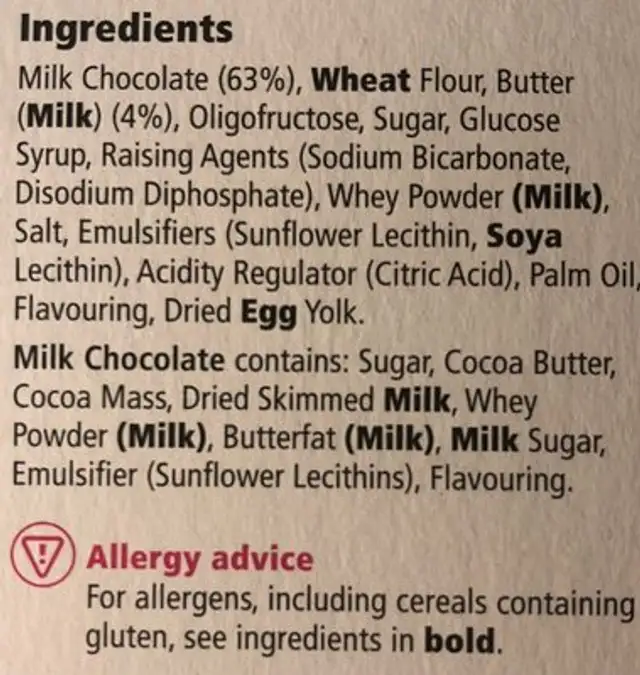 Tesco Milk Chocolate Butter Biscuits 125G ingredients label