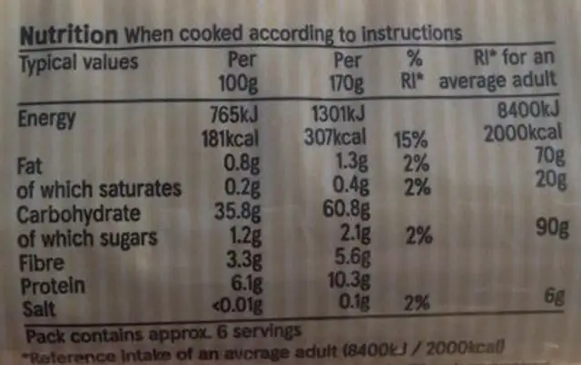 Tesco Organic Whole Wheat Spaghetti nutrition facts table