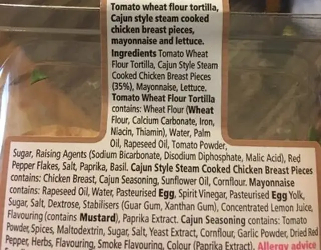 Tesco Cajun Chicken Wrap ingredients label