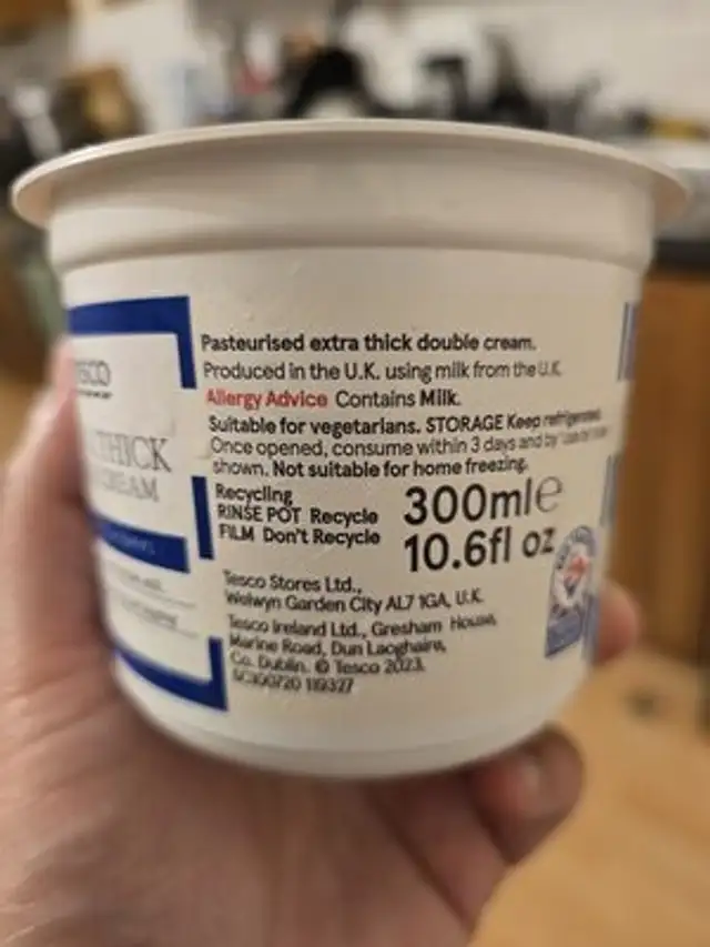Tesco Extra Thick Fresh Double Cream 300Ml ingredients label