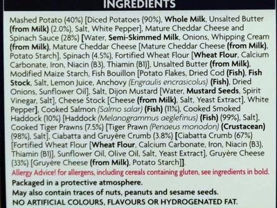 Luxury fish pie ingredients label