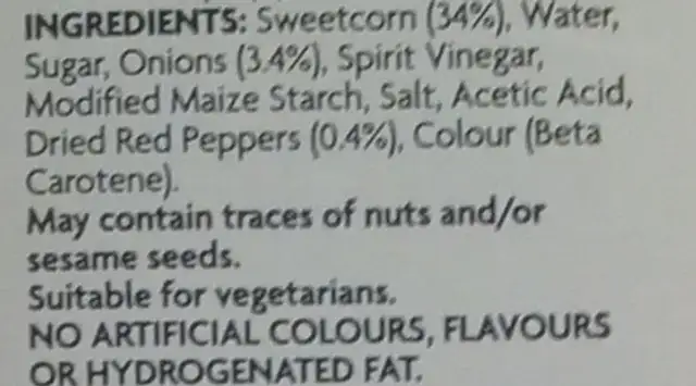Sweetcorn Relish ingredients label