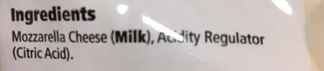 Tesco Everyday Value Mozzarella ingredients label