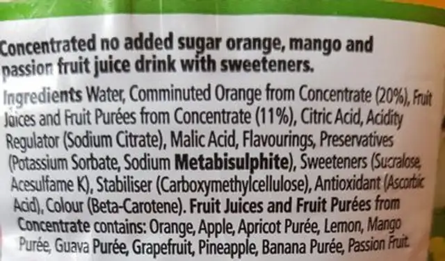 Double Strength Tropical Squash No Added Sugar ingredients label
